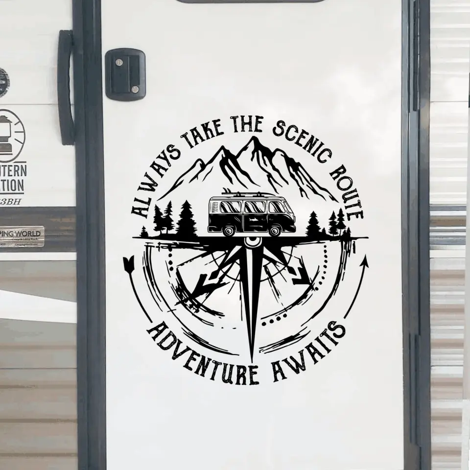 Always Take The Scenic Route Adventure Awaits - Personalized Decal, Camping Compass RVs Decal