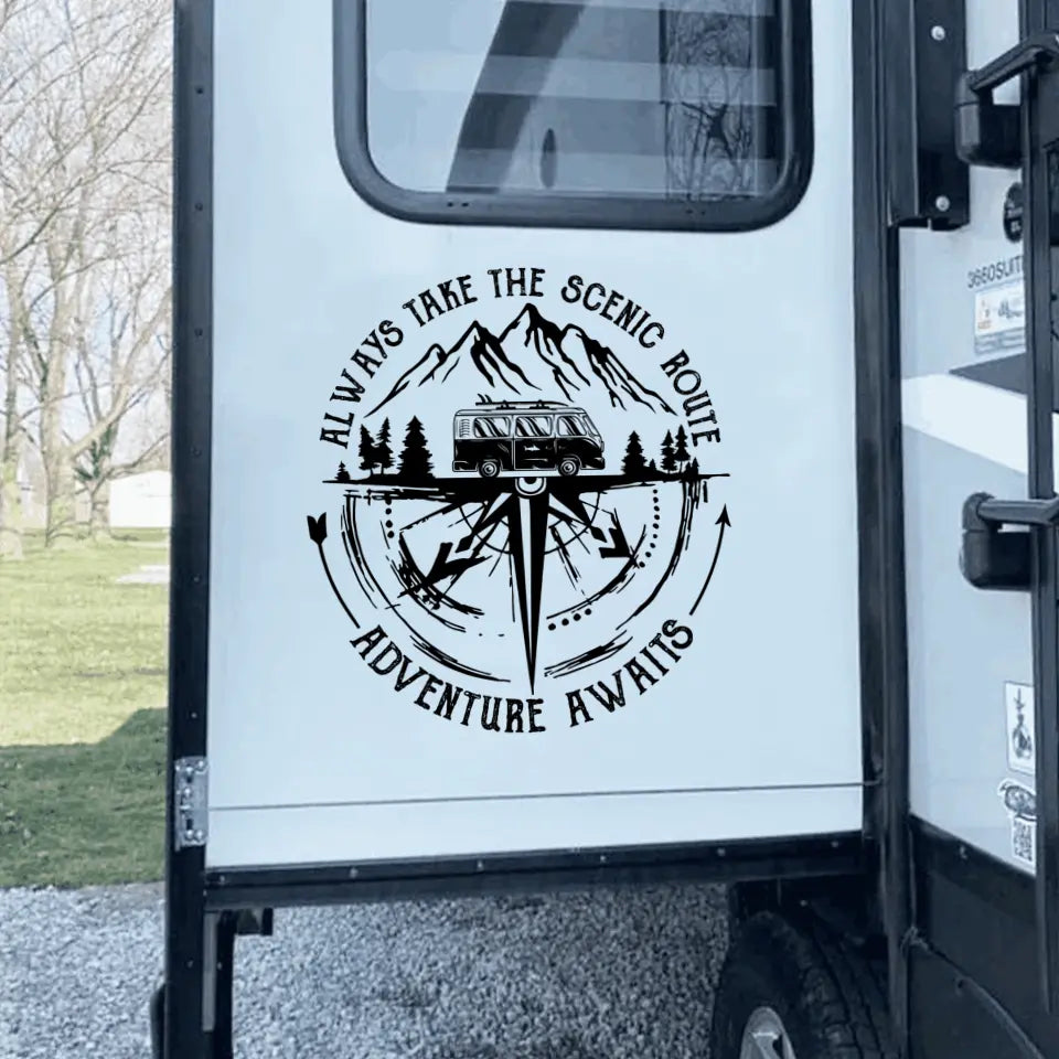 Always Take The Scenic Route Adventure Awaits - Personalized Decal, Camping Compass RVs Decal