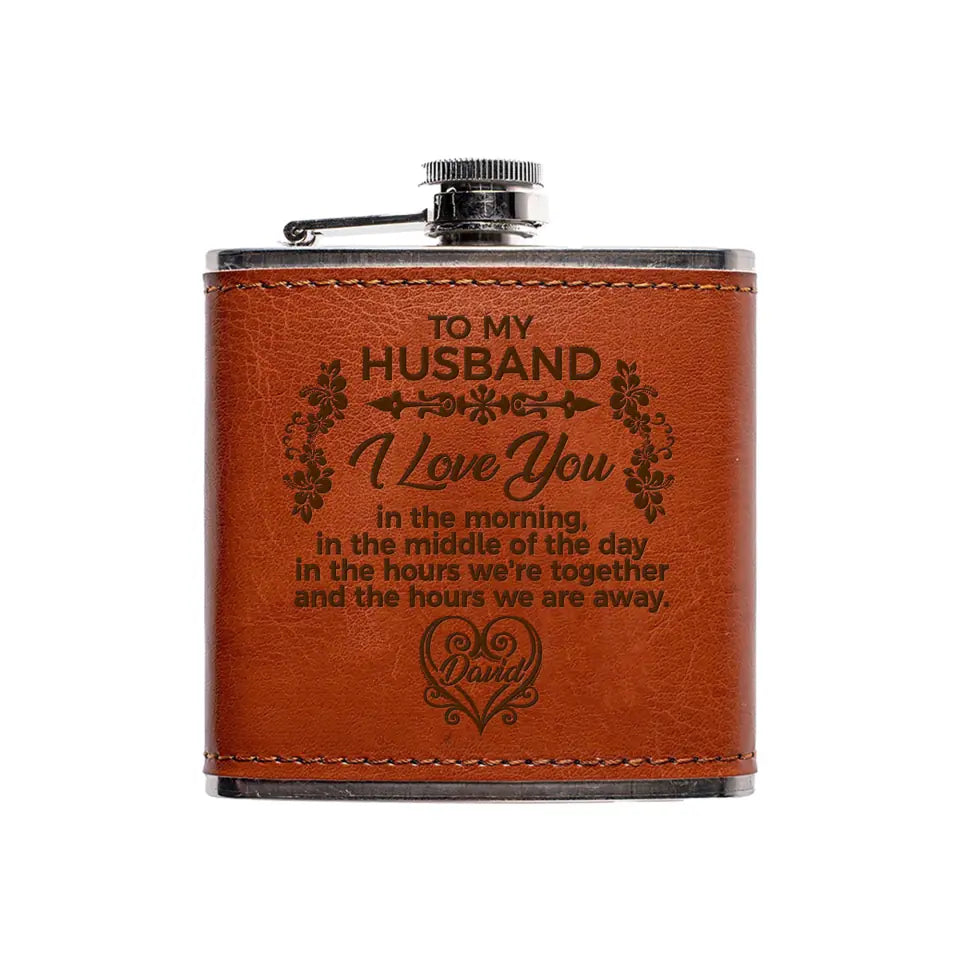 I Love You In The Morning - Personalized Leather Hip Flask, Gift For Couple, Gift For Husband And Wife