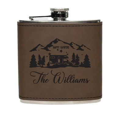Happy Campers - Personalized Leather Hip Flask, Gift For Camping Lovers