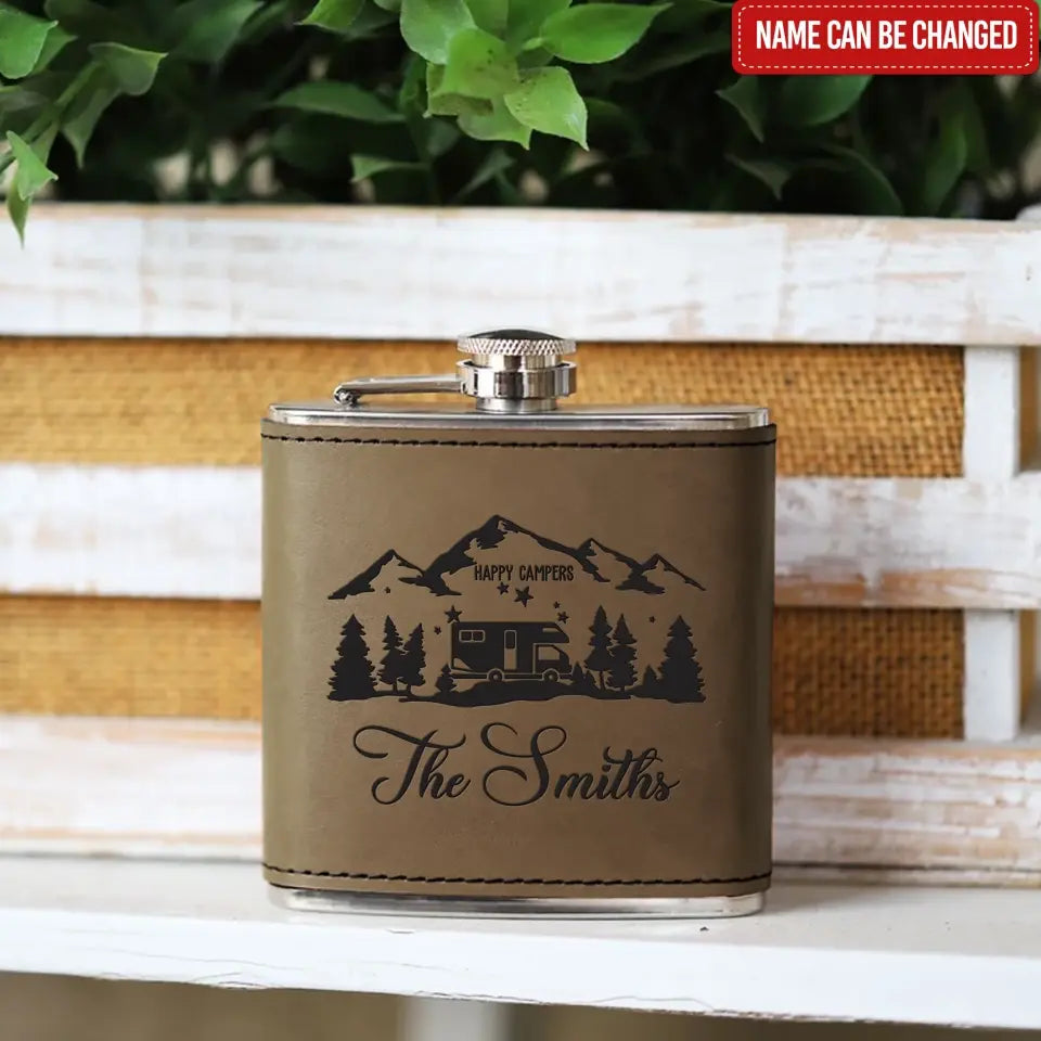 Happy Campers - Personalized Leather Hip Flask, Gift For Camping Lovers