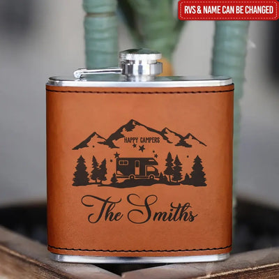 Happy Campers - Personalized Leather Hip Flask, Gift For Camping Lovers