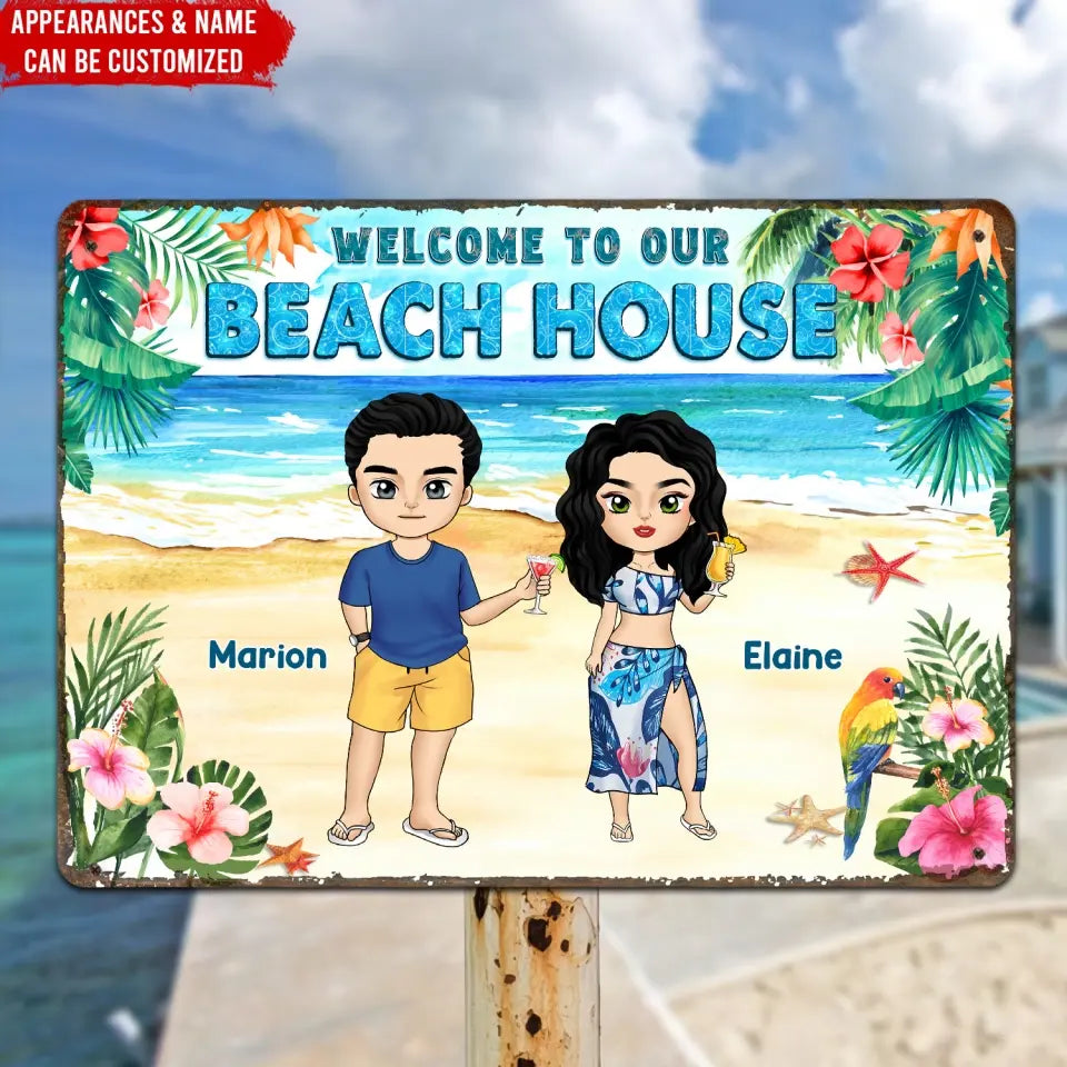 Welcome To Beach House - Personalized Metal Sign, Gift for Couple