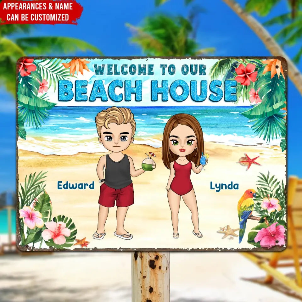 Welcome To Beach House - Personalized Metal Sign, Gift for Couple