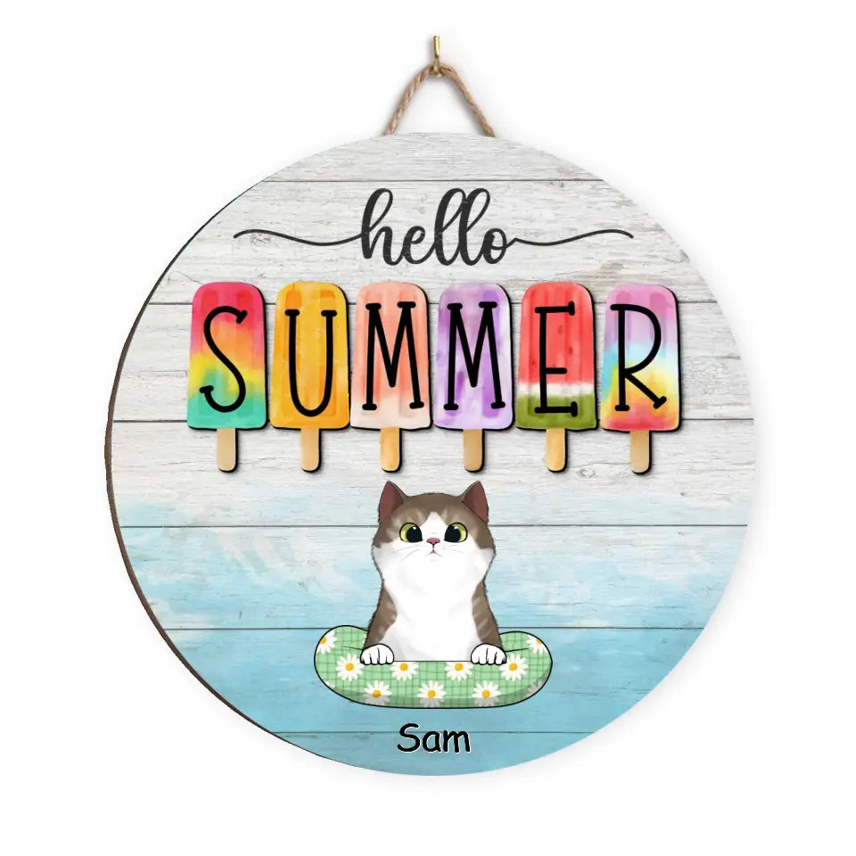 Hello Summer - Personalized Wood Sign, Gift For Cat Lover, Gift For Summer