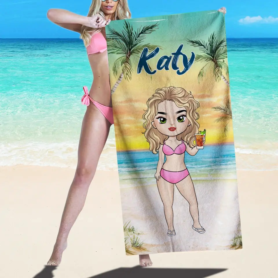 Cartoon Style - Personalized Beach Towel With Name, Summer Gift