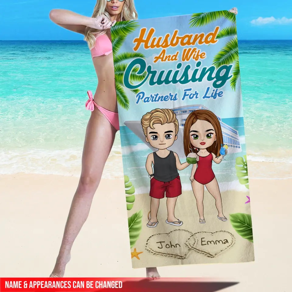 Husband & Wife Cruising Partners For Life - Personalized Beach Towel, Summer Gift For Couple