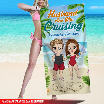 Husband & Wife Cruising Partners For Life - Personalized Beach Towel, Summer Gift For Couple