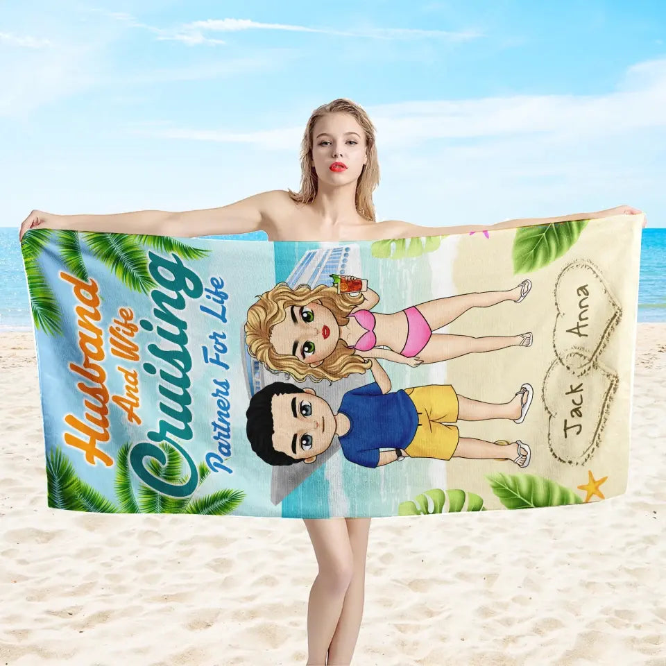 Husband & Wife Cruising Partners For Life - Personalized Beach Towel, Summer Gift For Couple