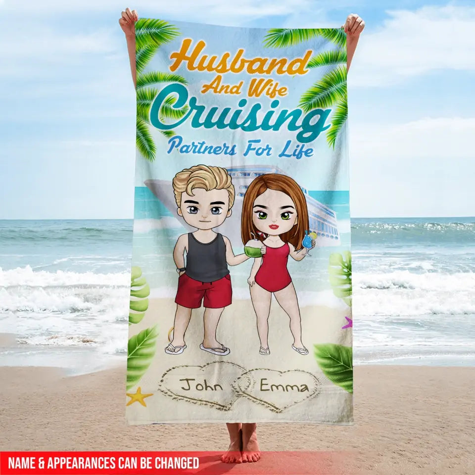 Husband & Wife Cruising Partners For Life - Personalized Beach Towel, Summer Gift For Couple