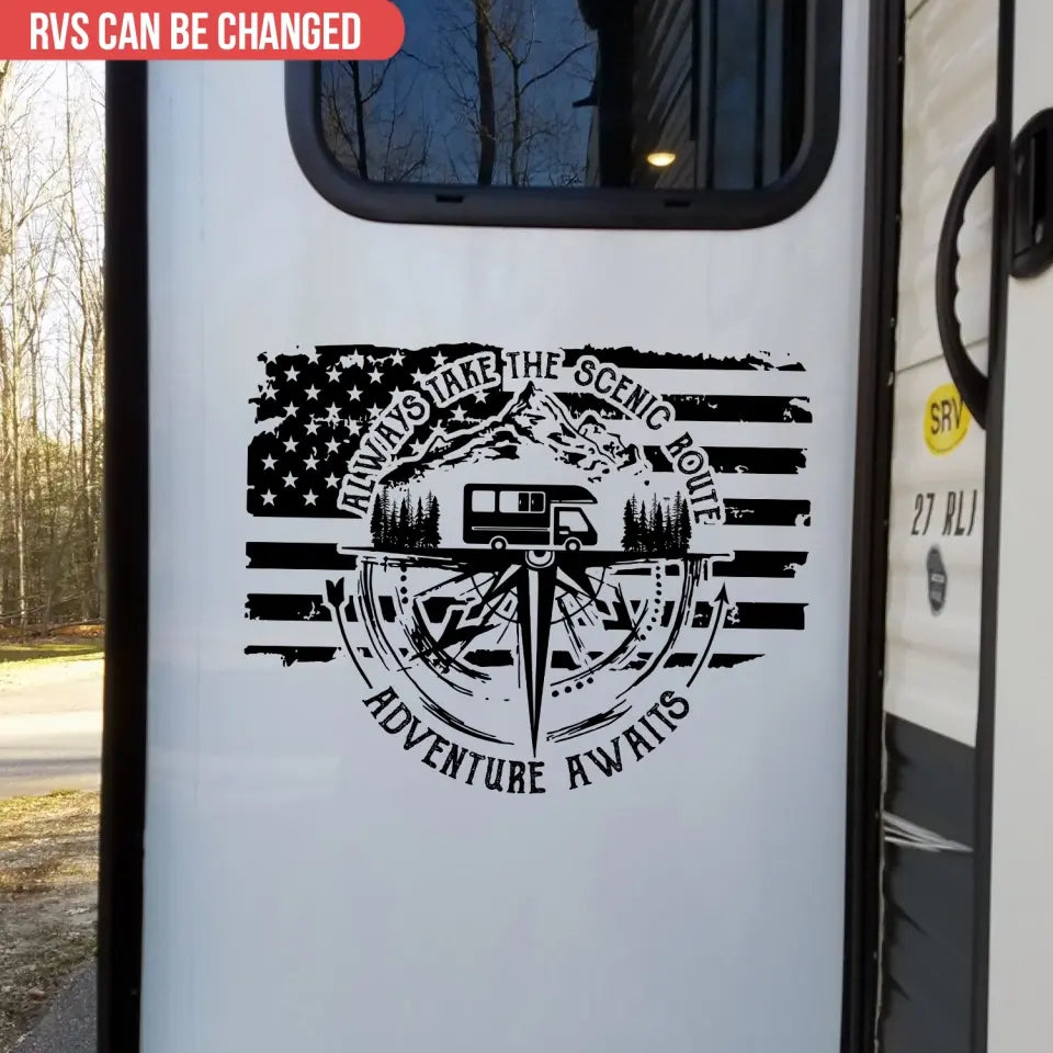 Always Take The Scenic Route American Flag - Personalized Decal, Camping Decal