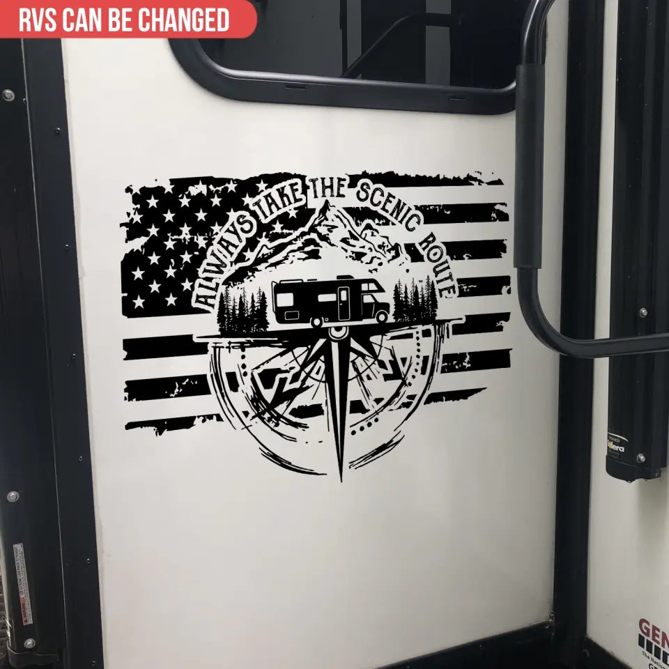 Always Take The Scenic Route American Flag - Personalized Decal, Camping Decal