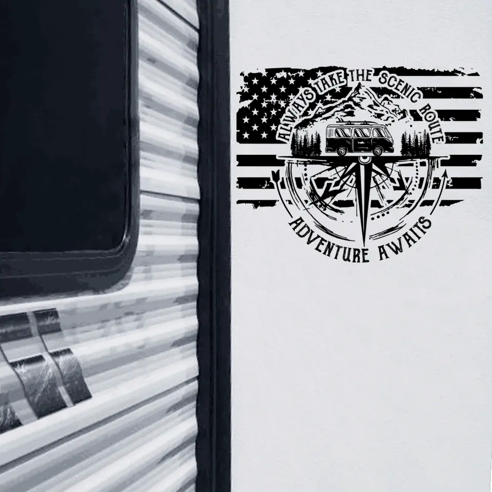 Always Take The Scenic Route American Flag - Personalized Decal, Camping Decal