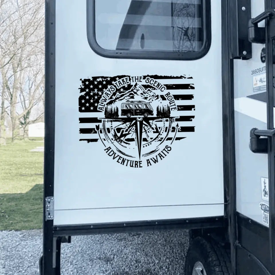 Always Take The Scenic Route American Flag - Personalized Decal, Camping Decal