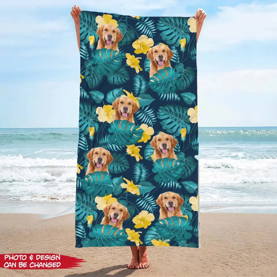 Tropical Flowers Pet Face - Personalized Beach Towel, Gift For Dog Lover