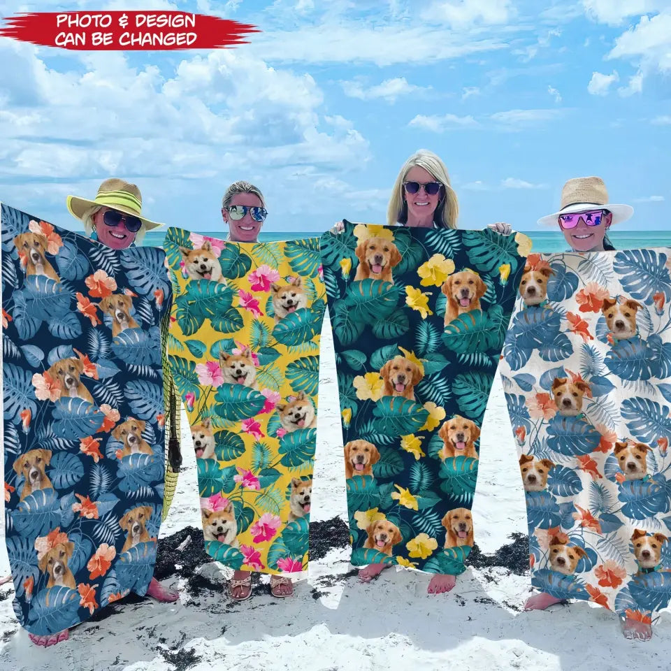 Tropical Flowers Pet Face - Personalized Beach Towel, Gift For Dog Lover