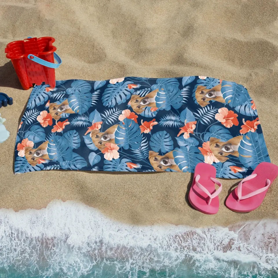 Tropical Flowers Pet Face - Personalized Beach Towel, Gift For Dog Lover