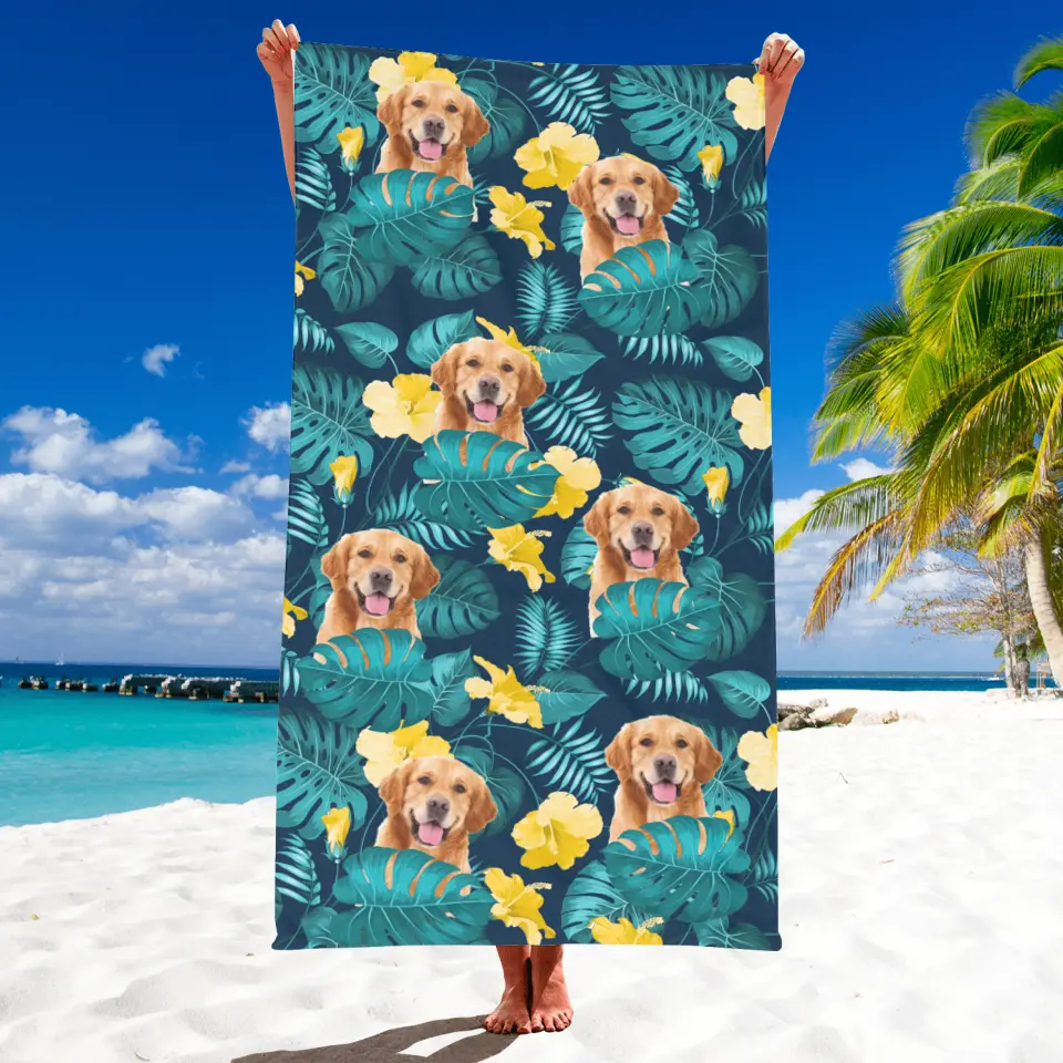 Tropical Flowers Pet Face - Personalized Beach Towel, Gift For Dog Lover