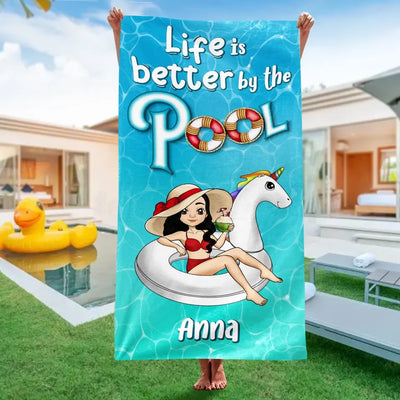 Pool Party Girl - Personalized Beach Towel, Gift For Her