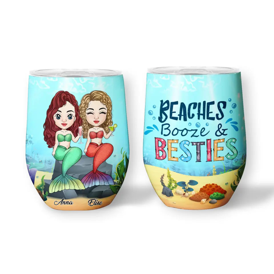 Beaches Booze And Besties - Personalized Wine Tumbler, Gift For Besties
