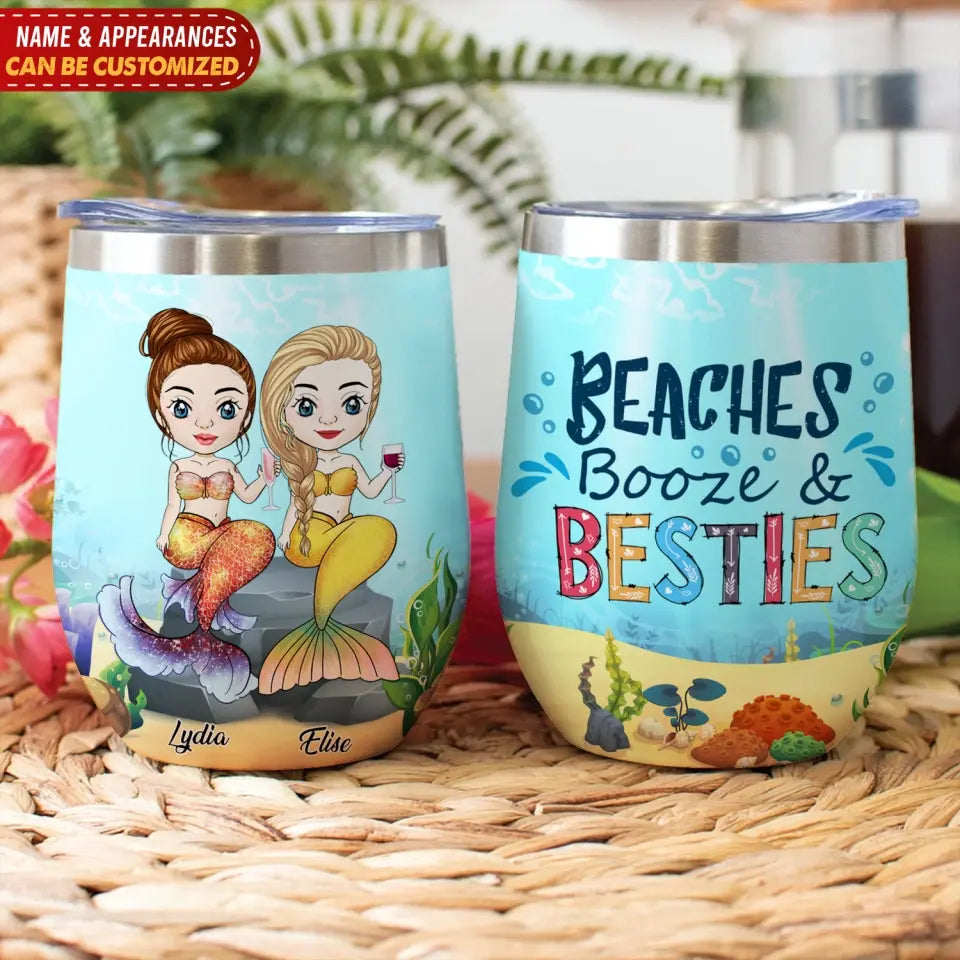 Beaches Booze And Besties - Personalized Wine Tumbler, Gift For Besties