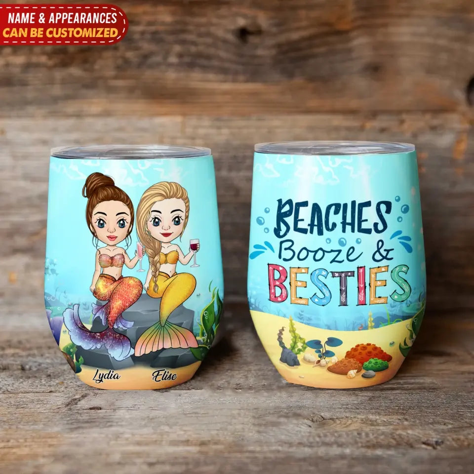 Beaches Booze And Besties - Personalized Wine Tumbler, Gift For Besties
