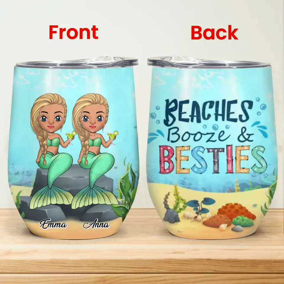 Beaches Booze And Besties - Personalized Wine Tumbler, Gift For Besties