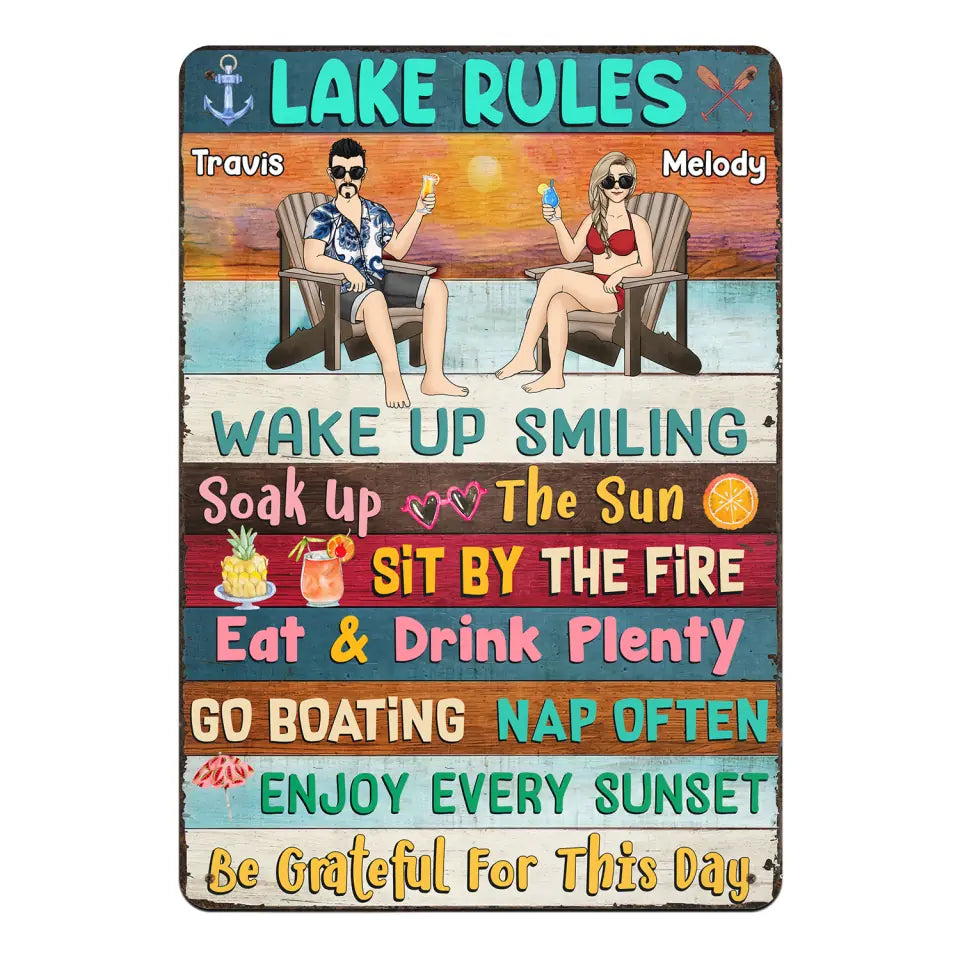 Lake Rules Wake up Smiling Soak Up The Sun - Personalized Metal Sign