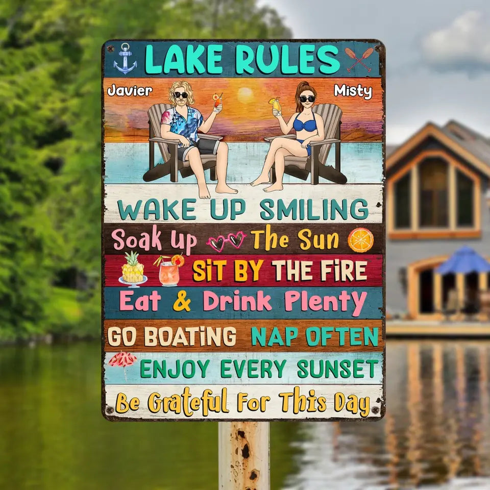 Lake Rules Wake up Smiling Soak Up The Sun - Personalized Metal Sign