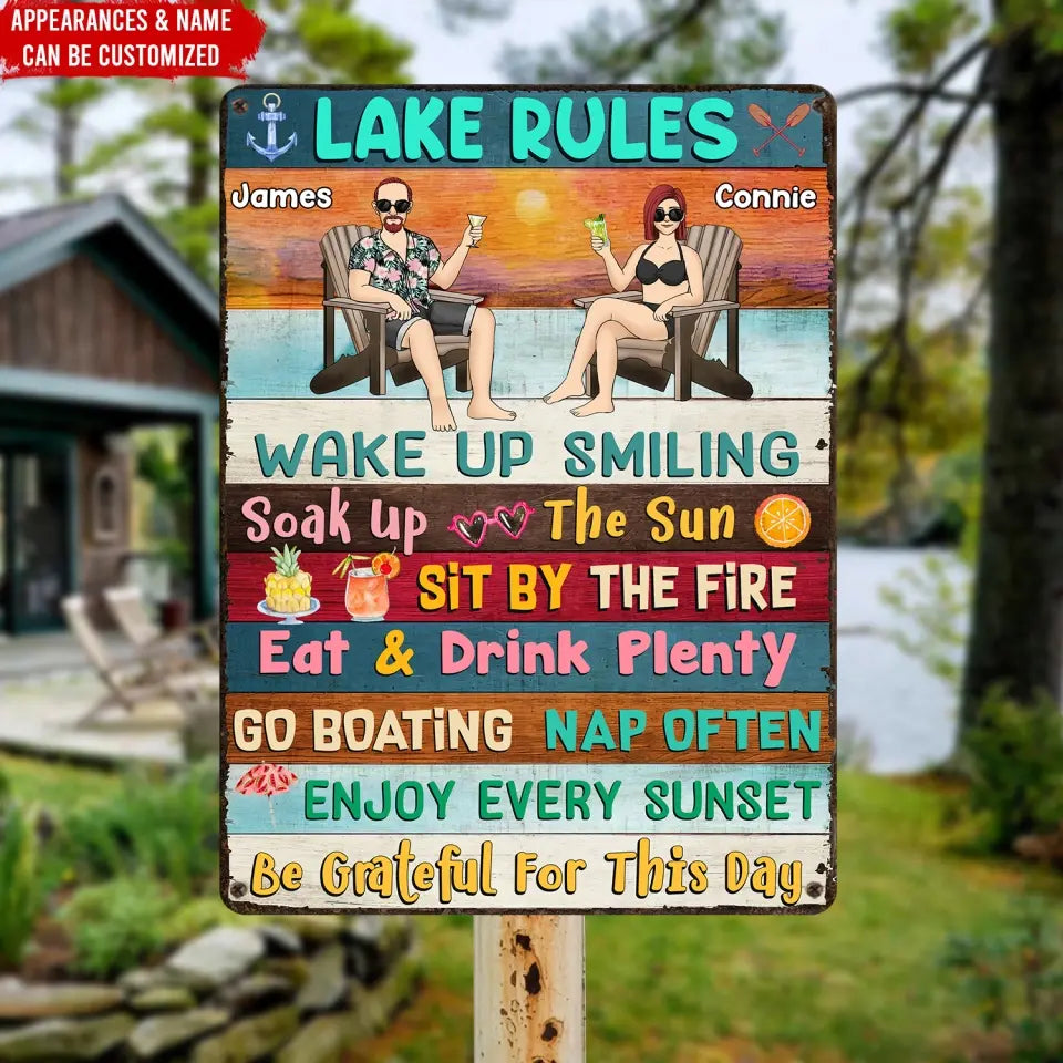 Lake Rules Wake up Smiling Soak Up The Sun - Personalized Metal Sign