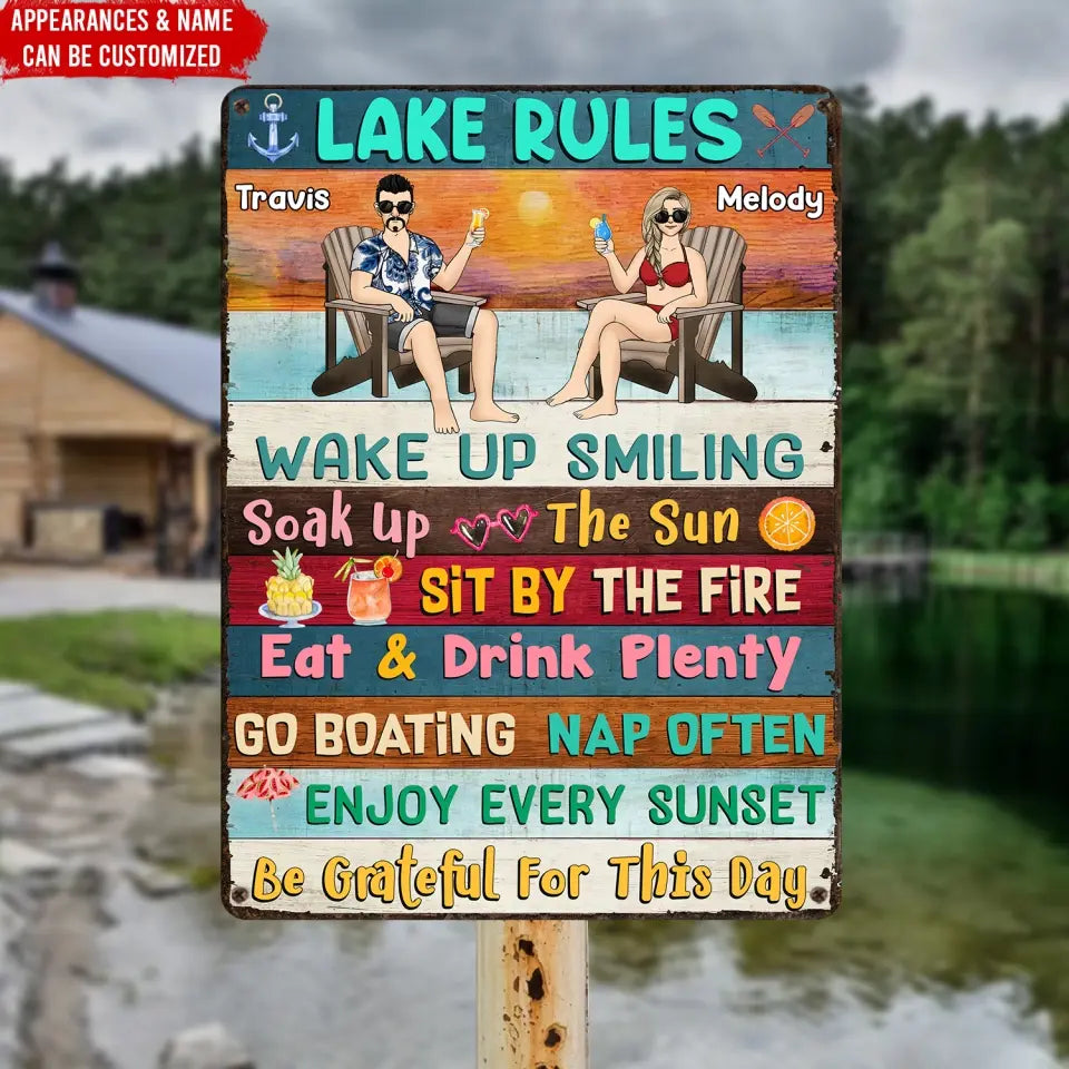 Lake Rules Wake up Smiling Soak Up The Sun - Personalized Metal Sign