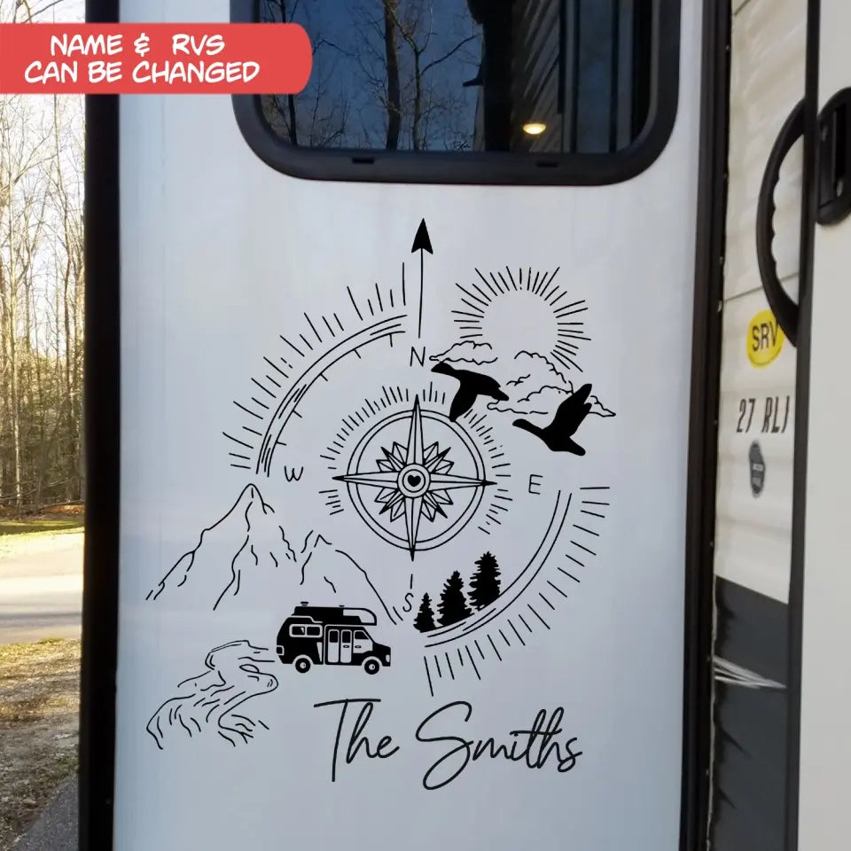 Camping Compass, World Map - Personalized Camping Decal