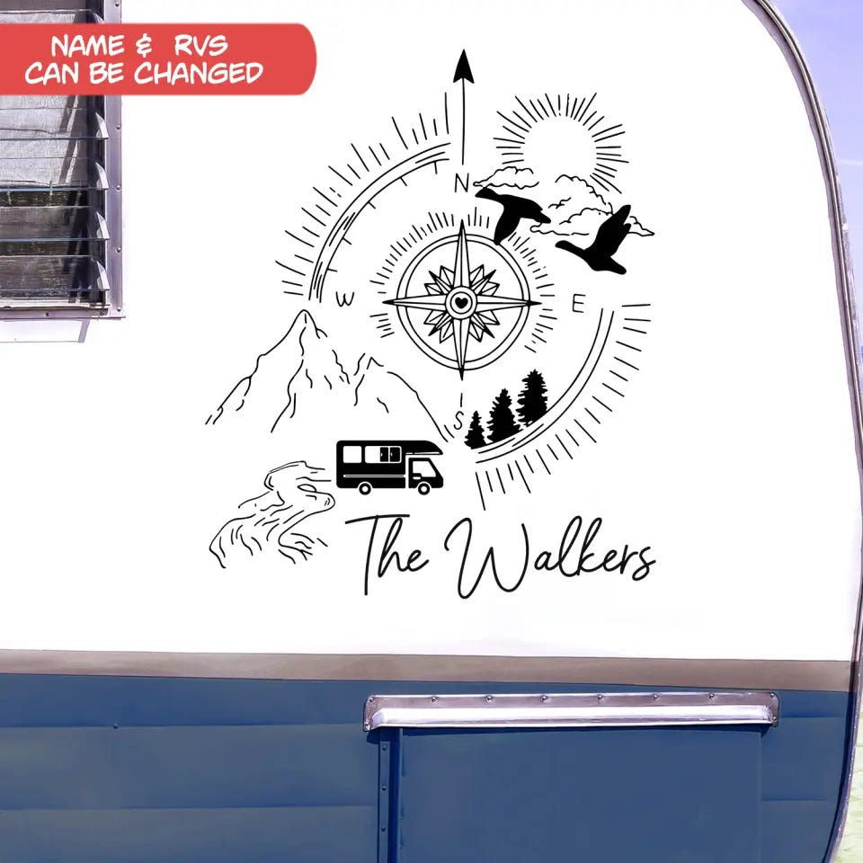 Camping Compass, World Map - Personalized Camping Decal