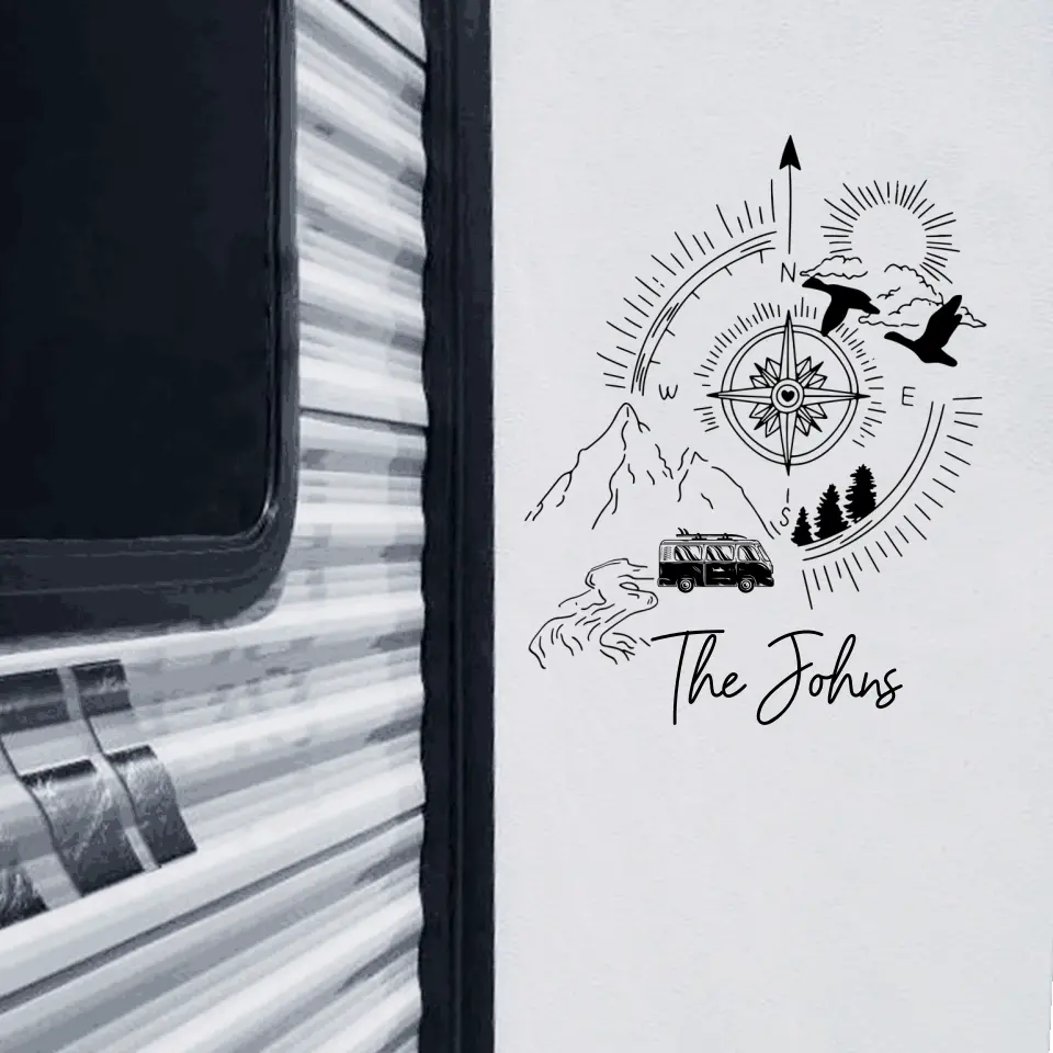 Camping Compass, World Map - Personalized Camping Decal