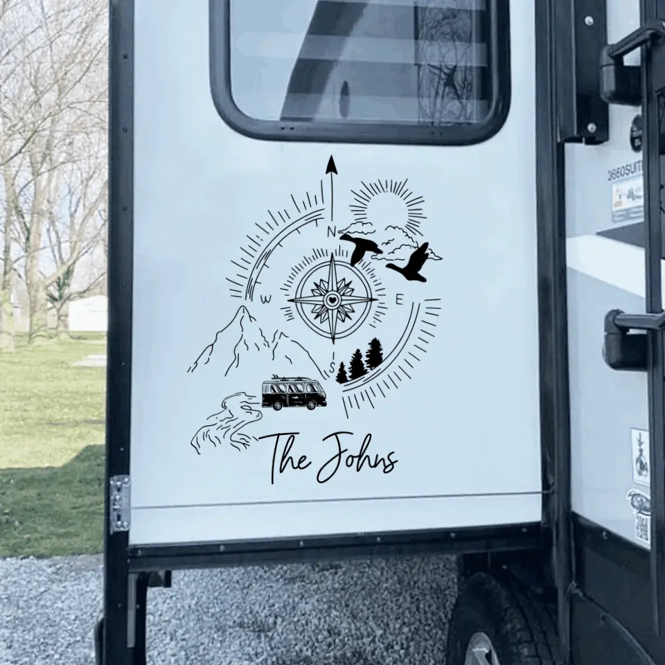 Camping Compass, World Map - Personalized Camping Decal