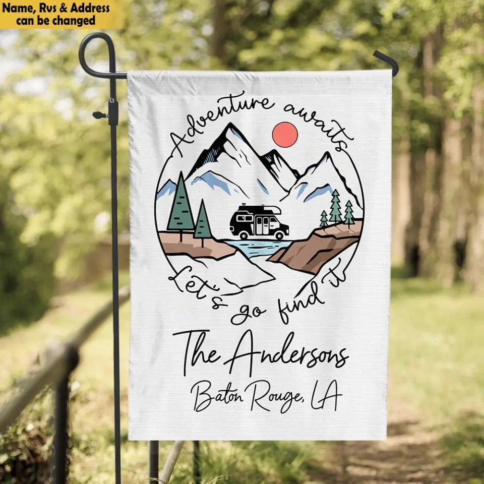 Adventure Awaits - Personalized Garden Flag, Gift For Camping Lovers