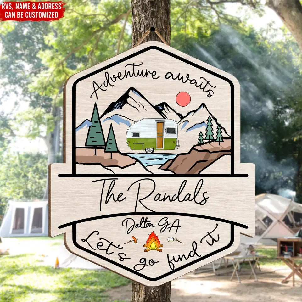 Adventure Awaits - Personalized Wood Sign, Gift For Camping Lovers