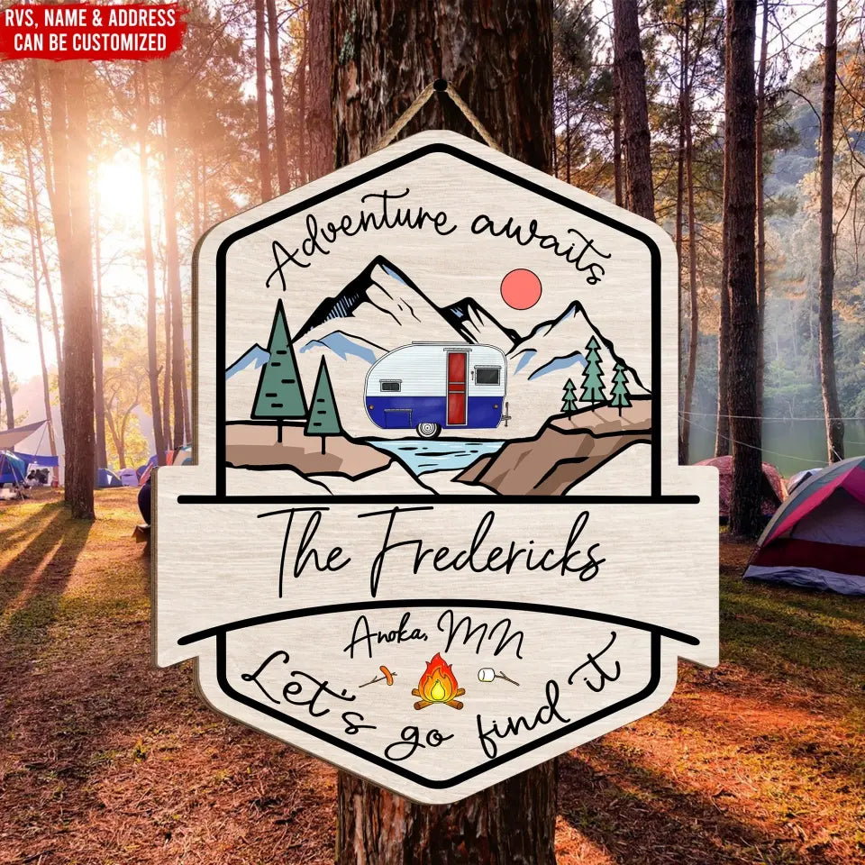 Adventure Awaits - Personalized Wood Sign, Gift For Camping Lovers