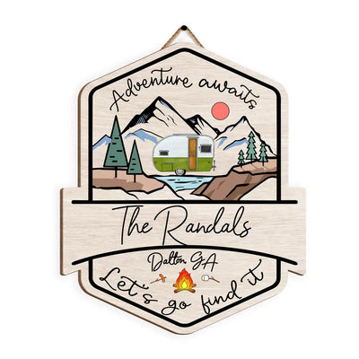 Adventure Awaits - Personalized Wood Sign, Gift For Camping Lovers