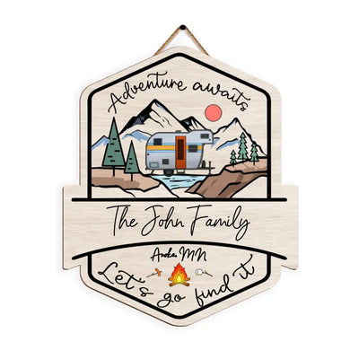 Adventure Awaits - Personalized Wood Sign, Gift For Camping Lovers