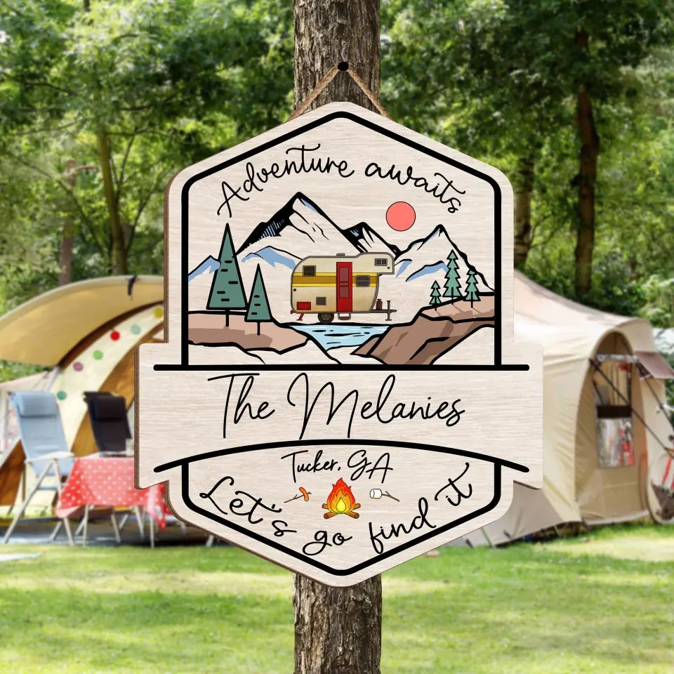 Adventure Awaits - Personalized Wood Sign, Gift For Camping Lovers