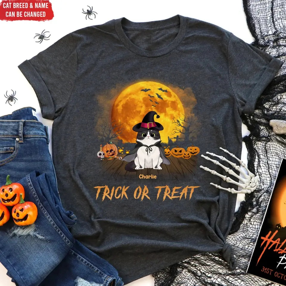 Trick Or Treat - Personalized T-Shirt, Gift For Cat Lover, Gift For Halloween