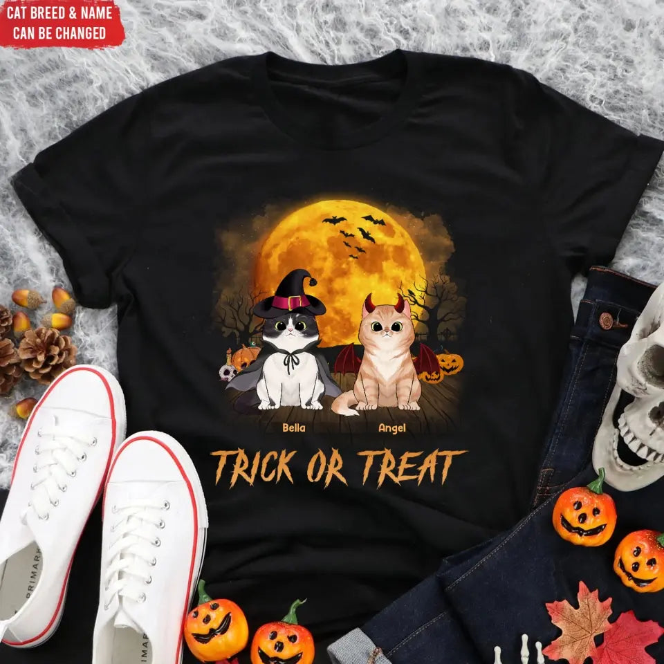 Trick Or Treat - Personalized T-Shirt, Gift For Cat Lover, Gift For Halloween