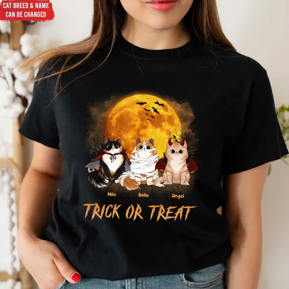 Trick Or Treat - Personalized T-Shirt, Gift For Cat Lover, Gift For Halloween