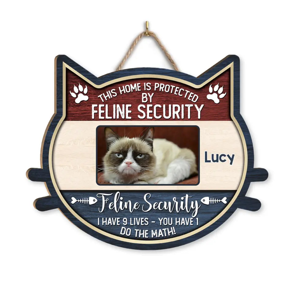 This Home Is Protected By Security - Personalized Wood Sign, Gift For Cat Lovers