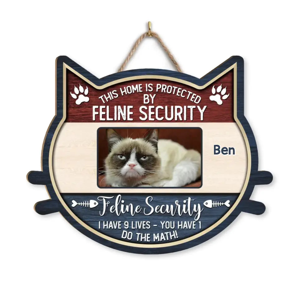 This Home Is Protected By Security - Personalized Wood Sign, Gift For Cat Lovers