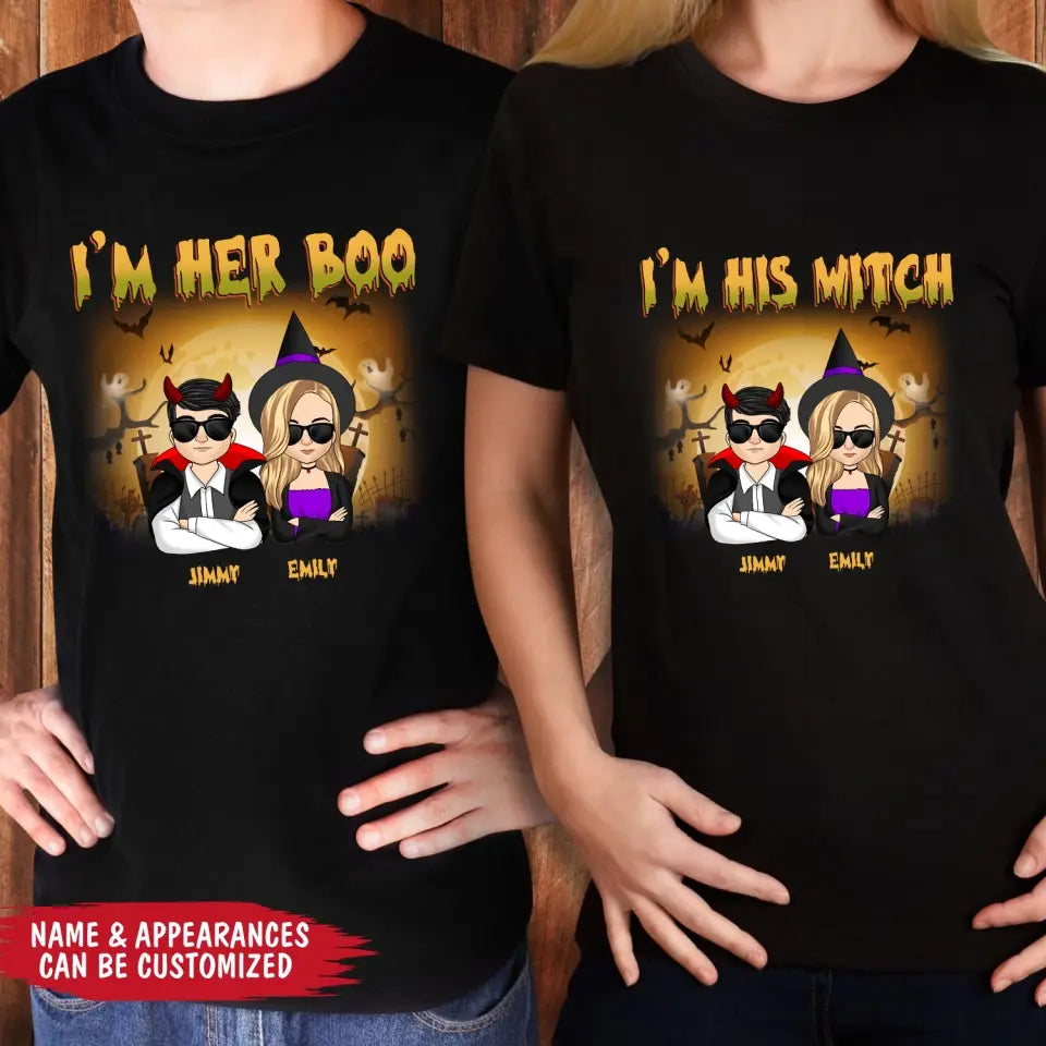 I'm Her Boo I'm His Witch - Personalized Halloween T-Shirt, Halloween Gift For Couple