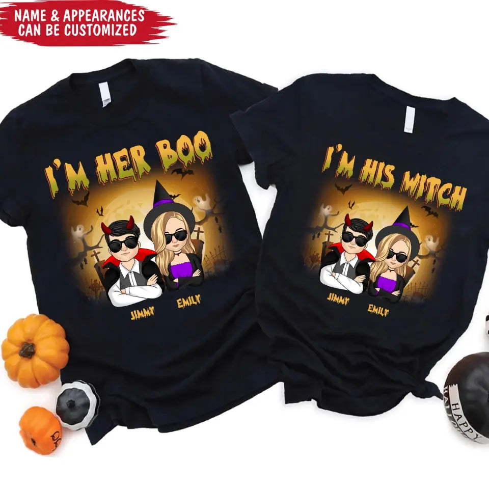 I'm Her Boo I'm His Witch - Personalized Halloween T-Shirt, Halloween Gift For Couple