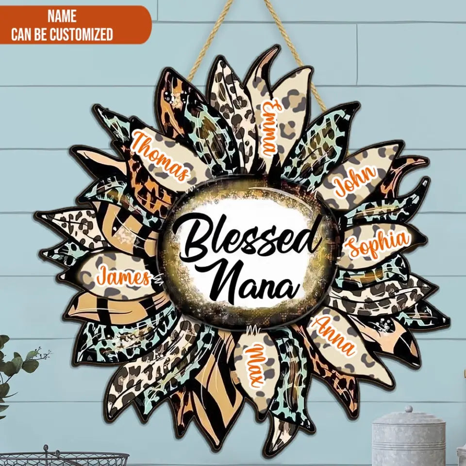 Bless Nana Leopard Sunflower - Personalized Wood Sign, Gift For Grandma