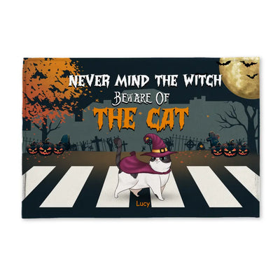 Never Mind The Witch Beware Of The Cats - Personalized Doormat, Halloween Decor